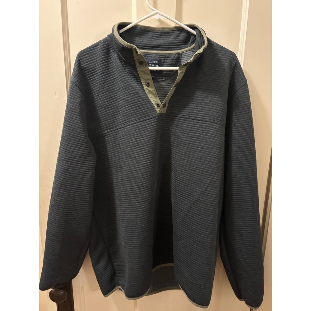 J.Crew Authentic Fleece Mens XL Ribbed Snap Neck Pullover Charcoal Gray Olive